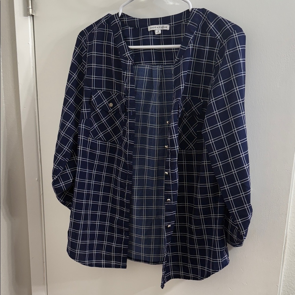 Notations Navy Blue Windowpane Plaid Button-Front Blouse